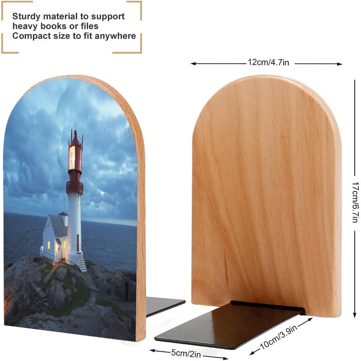 Lighthouse at Night Wooden Bookend Non-Slip Book Ends Heavy Duty Book Stopper with Metal Base Books Holderd Decorative Bookends Stands Firmly for Office Supplies