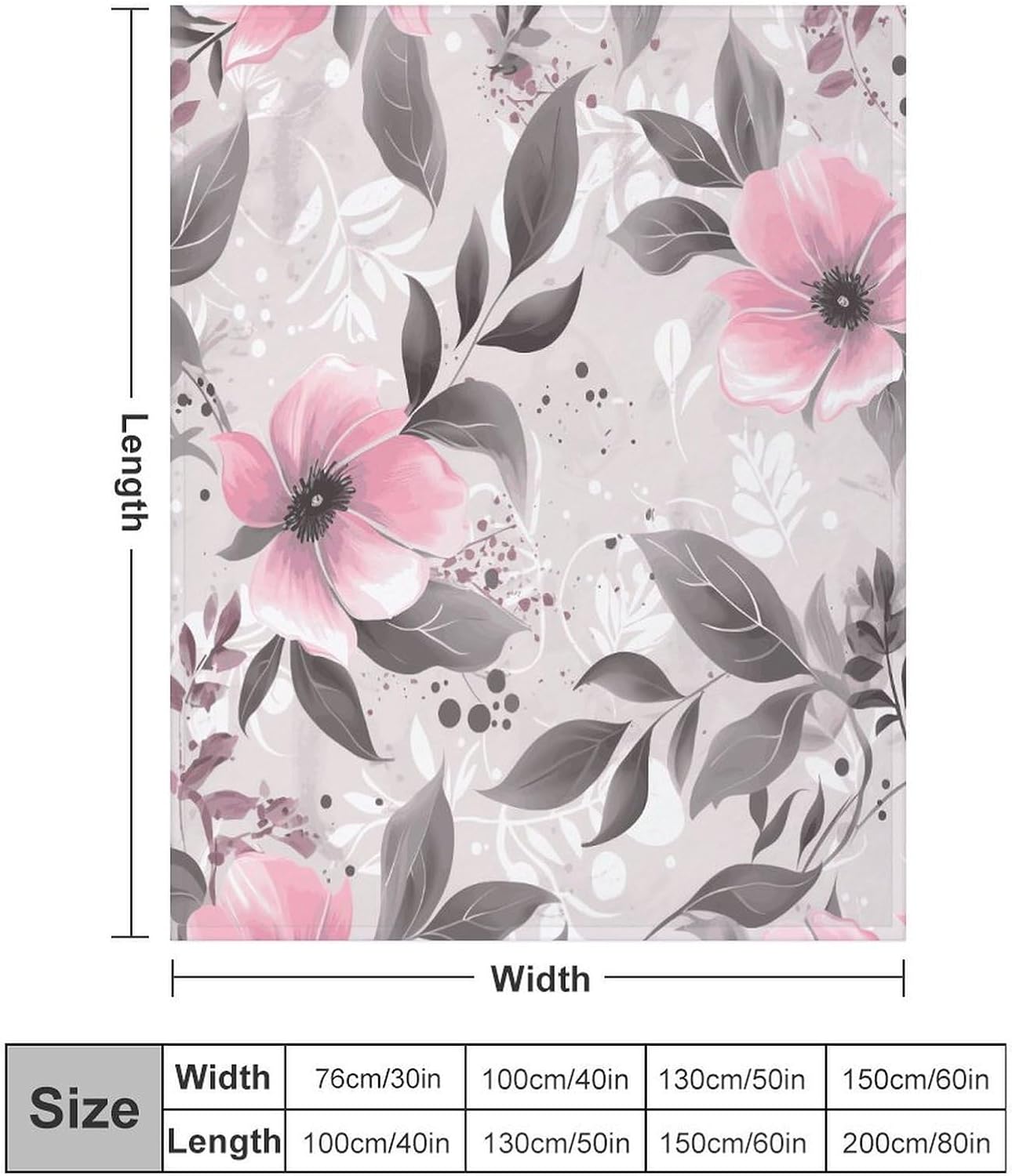 Pink Flowers And Leaves on Gray Blanket Super Soft Lightweight Throw Blanket Cute Cozy Warm Bed Blanket Decorative Fuzzy Blanket All-Season Home Decor Gift for Sofa Couch Living Room 50"*60"（130*150cm
