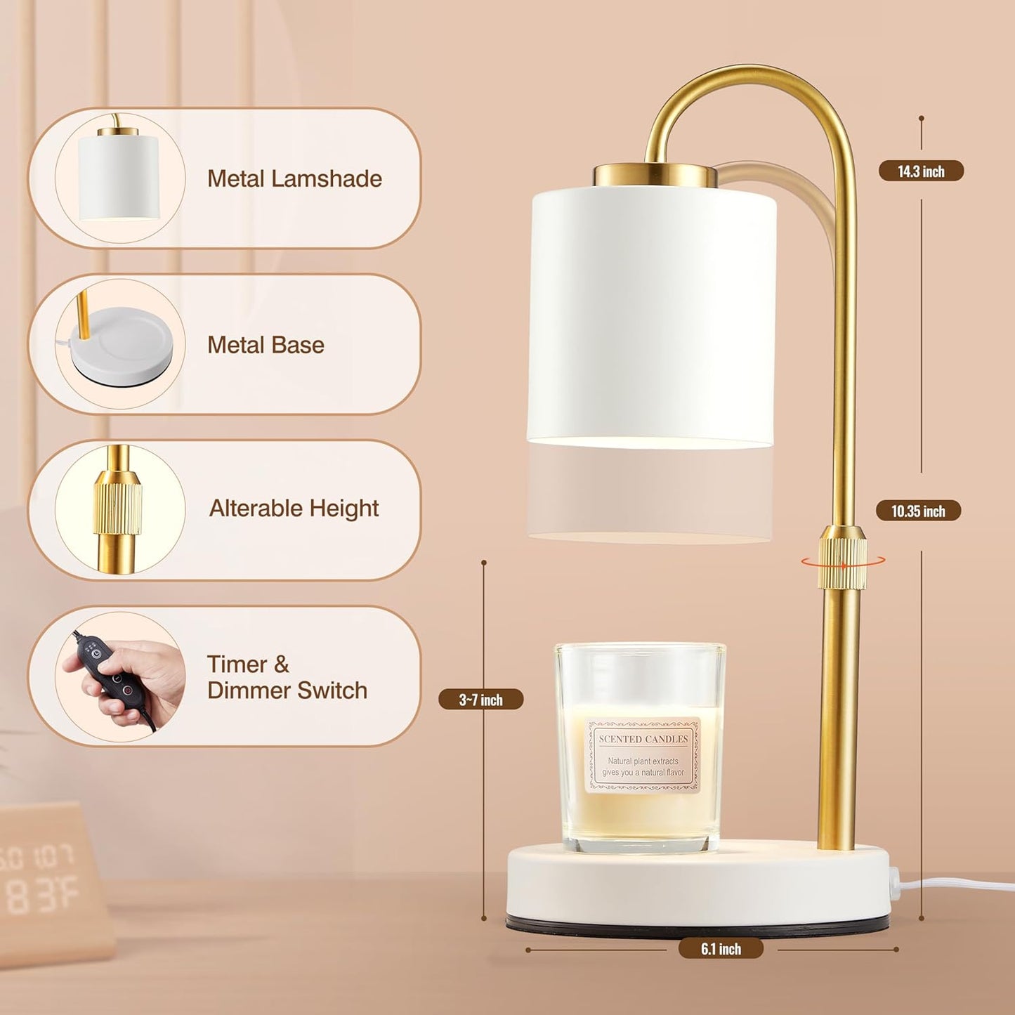 CASTLELIFE Candle Warmer Lamp with Timer & Dimmer, Height Adjustable Electric Wax Melt Warmer for Jar Candles, Gifts for Mom Home Decor, White Gold