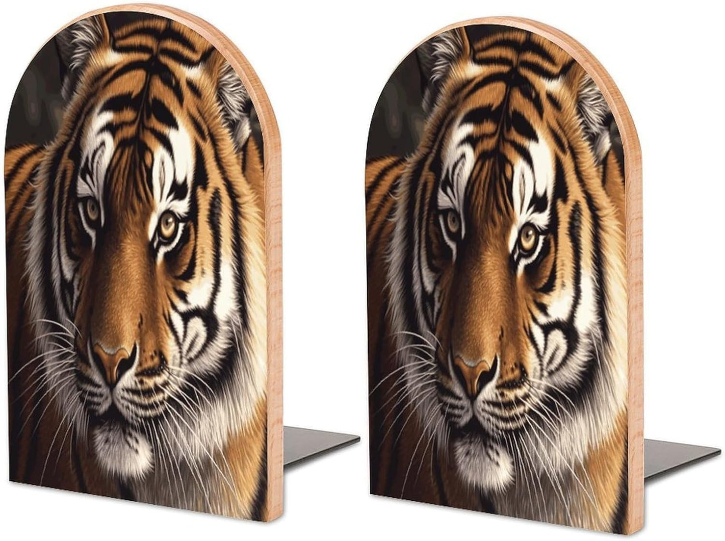 Bengal Tiger Bookend for Shelves Wooden Book End Large Size Sturdy Book Holders Stoppers with Metal Base for Bookshelves Slick Decorative Bookends Stands