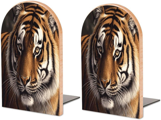 Bengal Tiger Bookend for Shelves Wooden Book End Large Size Sturdy Book Holders Stoppers with Metal Base for Bookshelves Slick Decorative Bookends Stands