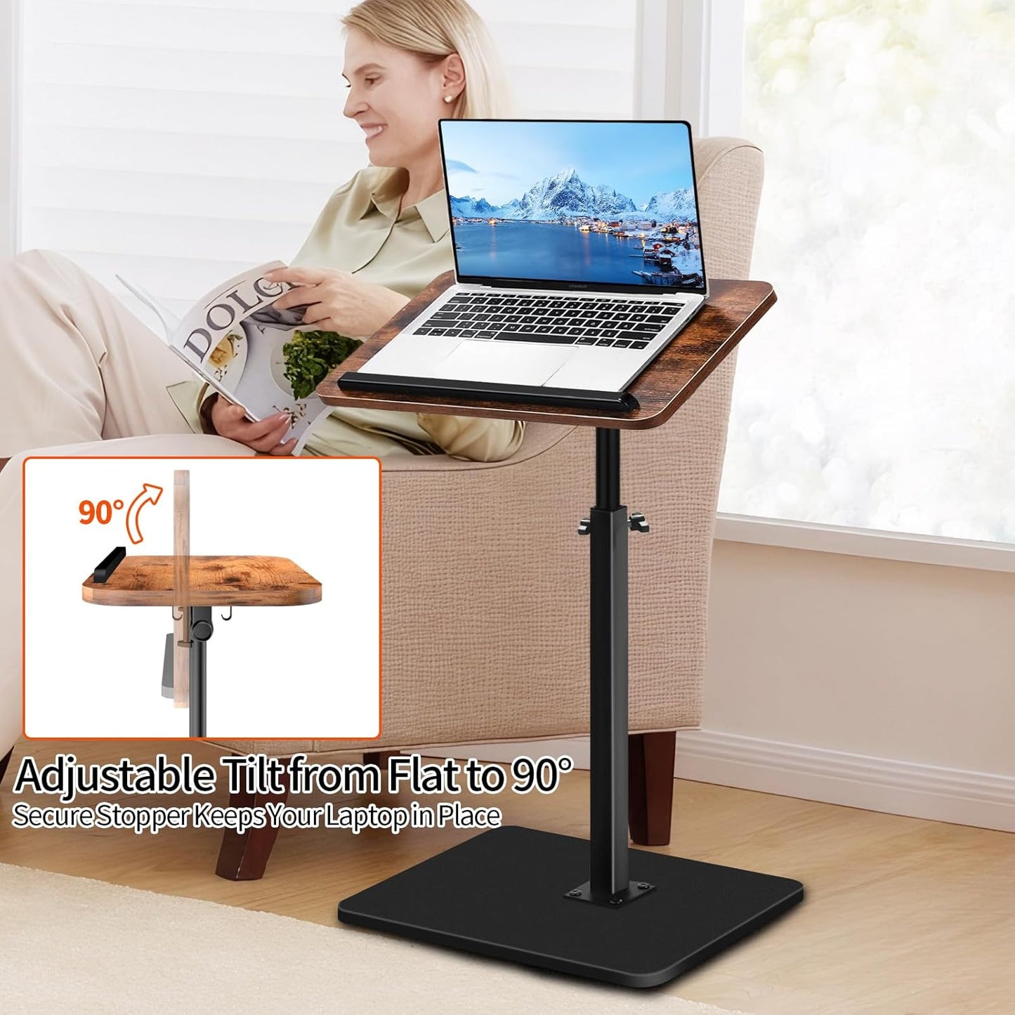 Small End Table Adjustable Height, 90° Flip-Over Panel Side Table for Small Spaces 360° Swivel TV Tray Couch Tables That Slide Under, Food Snack Trays for Sofa Bed Living Room