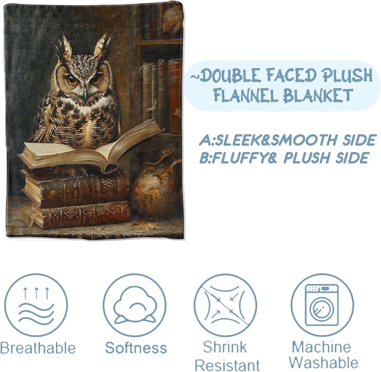 Owl Blanket,Gifts for Animal and Nature Lovers,Lightweight Flannel Throw Blankets,Retro Bird with Book in Library Throws Home Decor,for Couch Living Room Office,60x50inch
