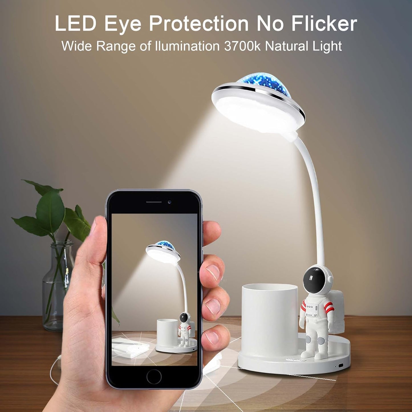 Astronaut Desk Lamp for Kids,Star Space Projector Space Rocket Lamps,Astronauta Lights with Pen Holder,Step-Less Dimming Lighting,Eye-Care Reading Small Desk Lamps for Bedroom,Gifts for Boys and Girls