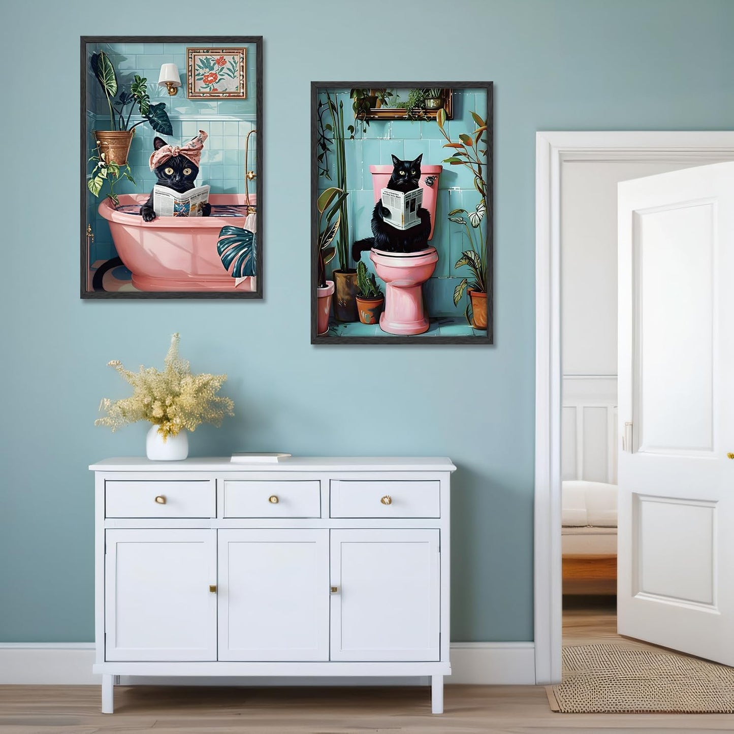 2 Pcs Cute Black Cat Bathroom Wall Art Funny Cat Reading Newspaper Paintings Pictures Wall Decor Pink Animal Plant Posters Prints for Bathroom Toilet Decorations Unframed 16x24 Inch