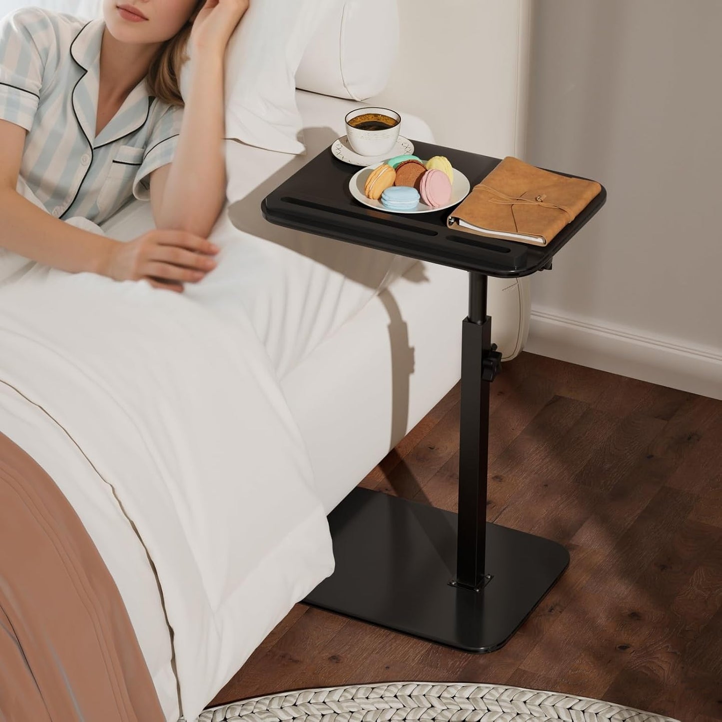 Sofa Side Tray Table for Couch - Set of 2 Adjustable Height 360° Swivel C Table for Sofa & Bed, Use as TV Tray Laptop Stand Snack Table Reading Desk, Fits Eating Working Studying
