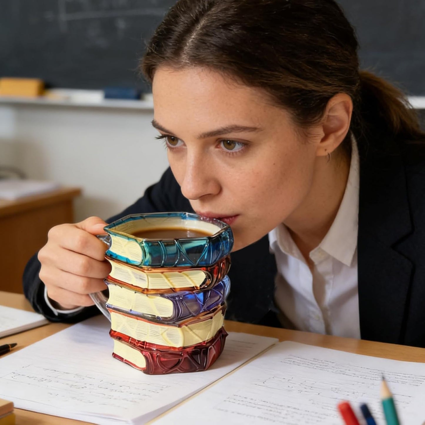 Glass Painted Book Lover Mug, 12x8x8cm 3D Novelty Drinking Cup, Artistic Glassware, Gifting Bibliophiles, Office Decorating, Desktop Utility