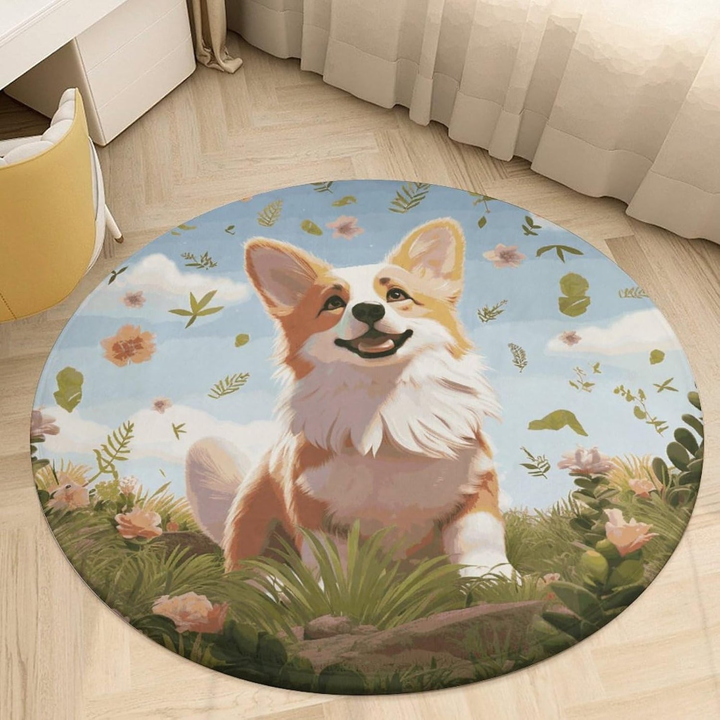 Lovely Corgi Circle Rug Retro Luxury Coral Velvet Floor Mat Non Slip Soft Indoor Floor Carpet Comfy Thickened Area Rugs Modern Aesthetic Minimalist Carpets for Home Decor