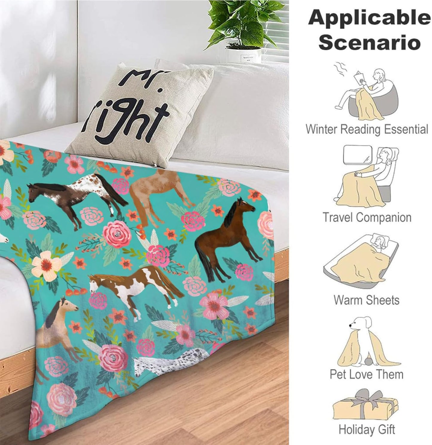 Horse Blanket Gifts for Girls Women Cute Horses Flowers Flannel Fleece Throw Blanket Soft Warm Fuzzy Floral Blanket for Horse Lovers Decor Bed Couch Living Room for Kids 50"x40"