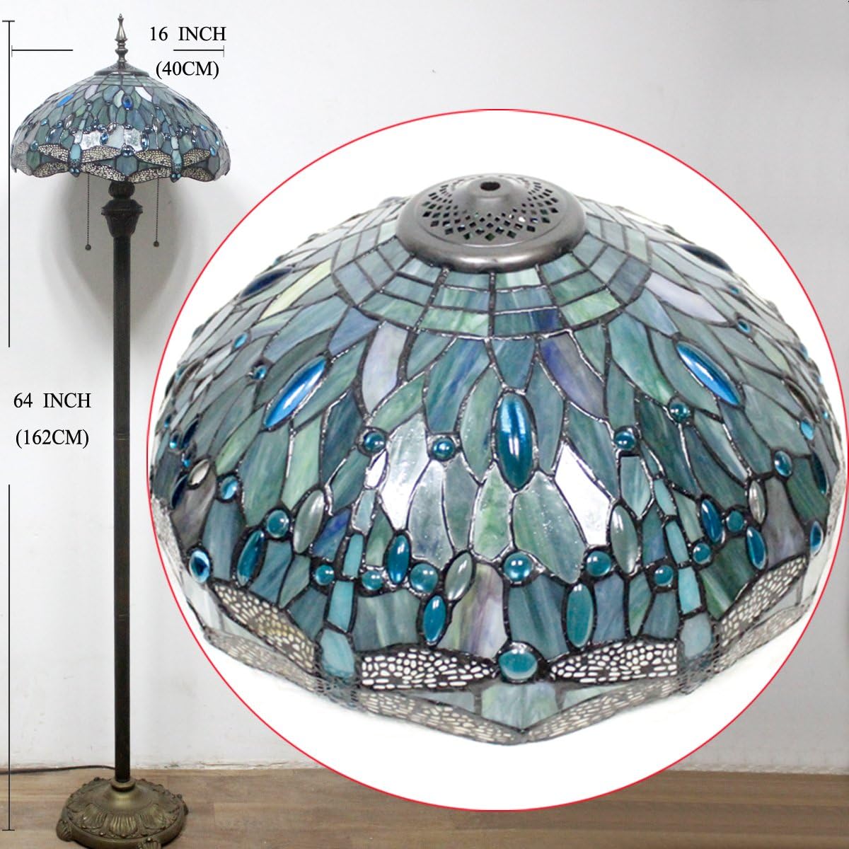WERFACTORY Tiffany 플로어 램프 씨 블루 스테인드 글라스 잠자리 스탠딩 독서 조명 40.6 x 40.6 x 162.6cm 앤티크 폴 코너 램프 장식 침실 거실 홈 오피스 S147 시리즈
