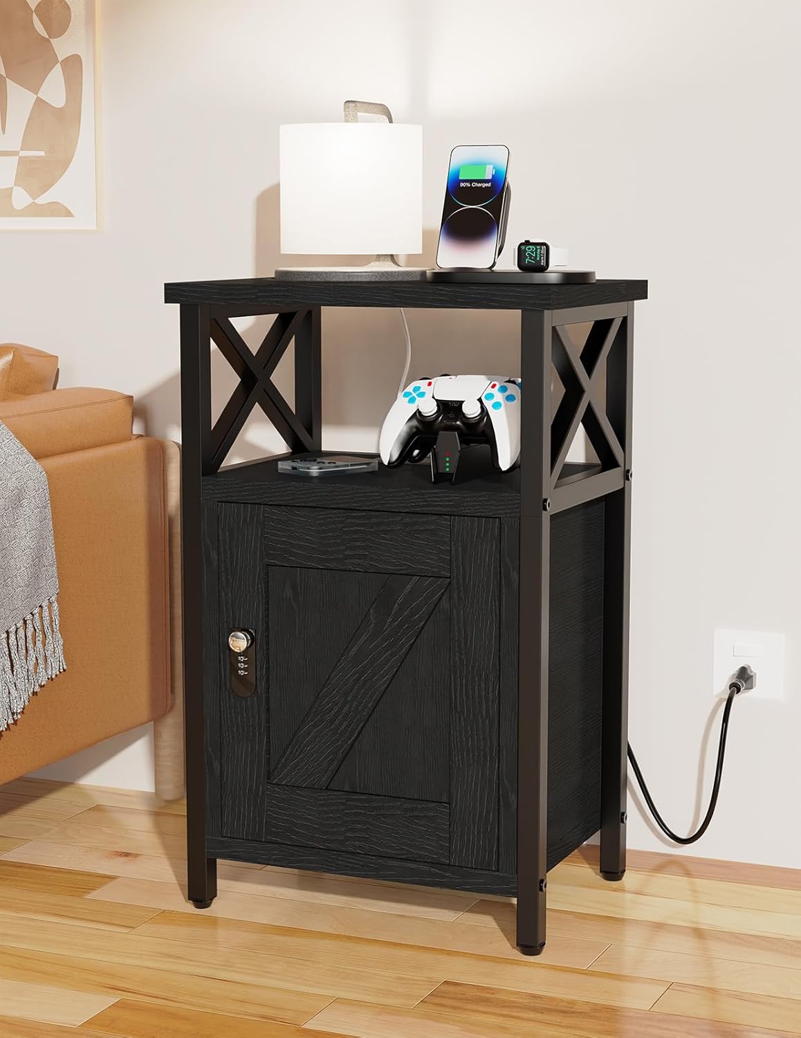 Wooden Nightstand with Charging Station, Bed Side Table with Drawers, Bedside Table with Lock, 3 USB & 2 Outlets, Night Stand with Cabinet Storage, End Table for Bedroom, Black