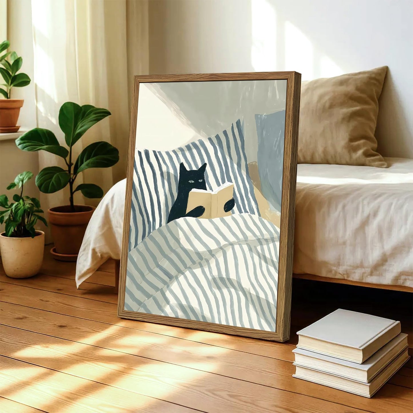 Funny Black Cat Wall Art Painting, Whimsical Cat in Stripe Bed Reading Wall Decor, Cute Animal Book Lover Blue and White Poster Canvas Prints for Bedroom Living Room 16x24 inch Wood Framed
