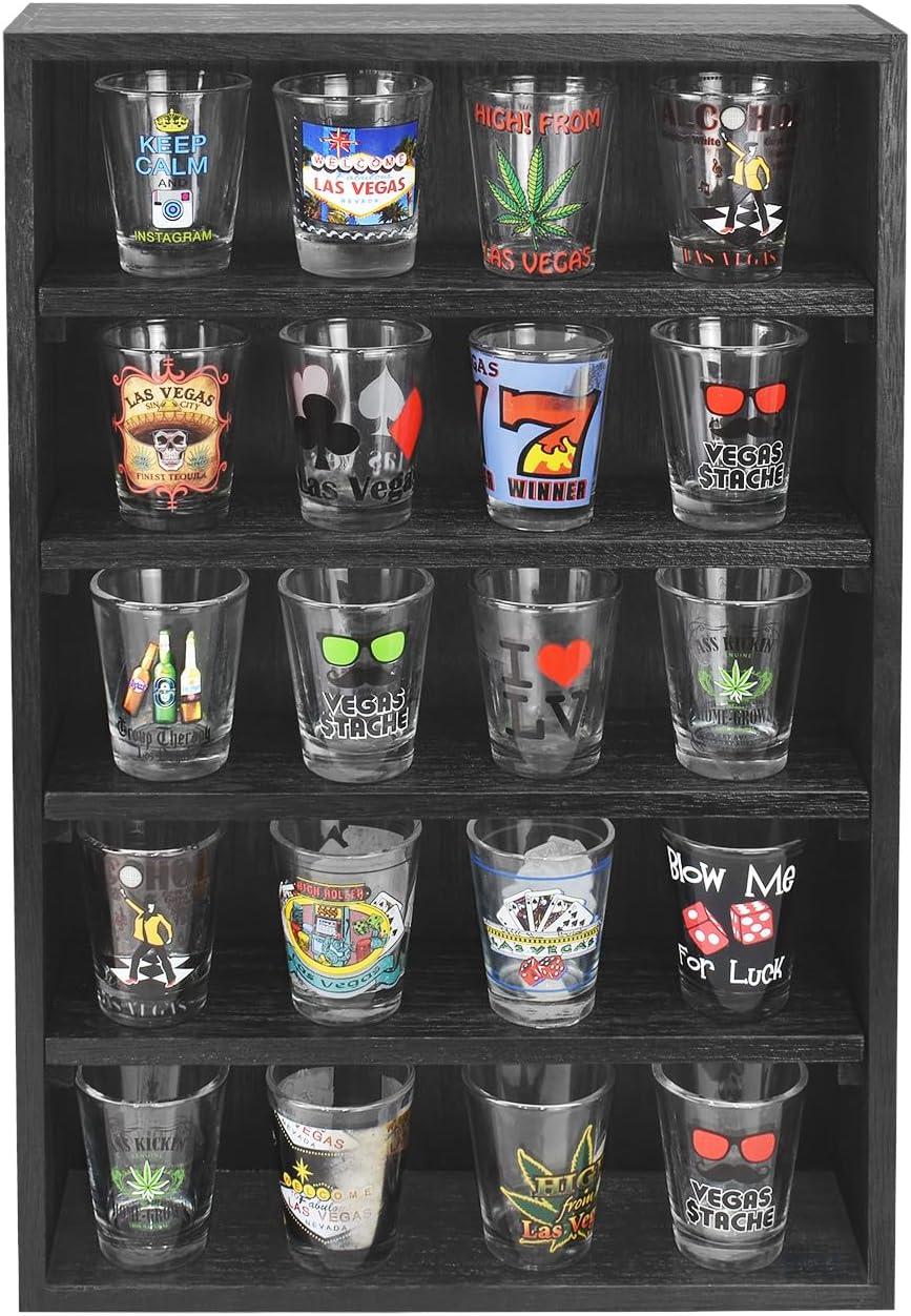 Ikee Design Wooden Wall-Mounted Display Shelves Rack for Collectibles, Figures,Shot Glasses,Spice Can,Cosmetics or Perfume, 5 Adjustable Height Shelves,Space-Saving, Black Color