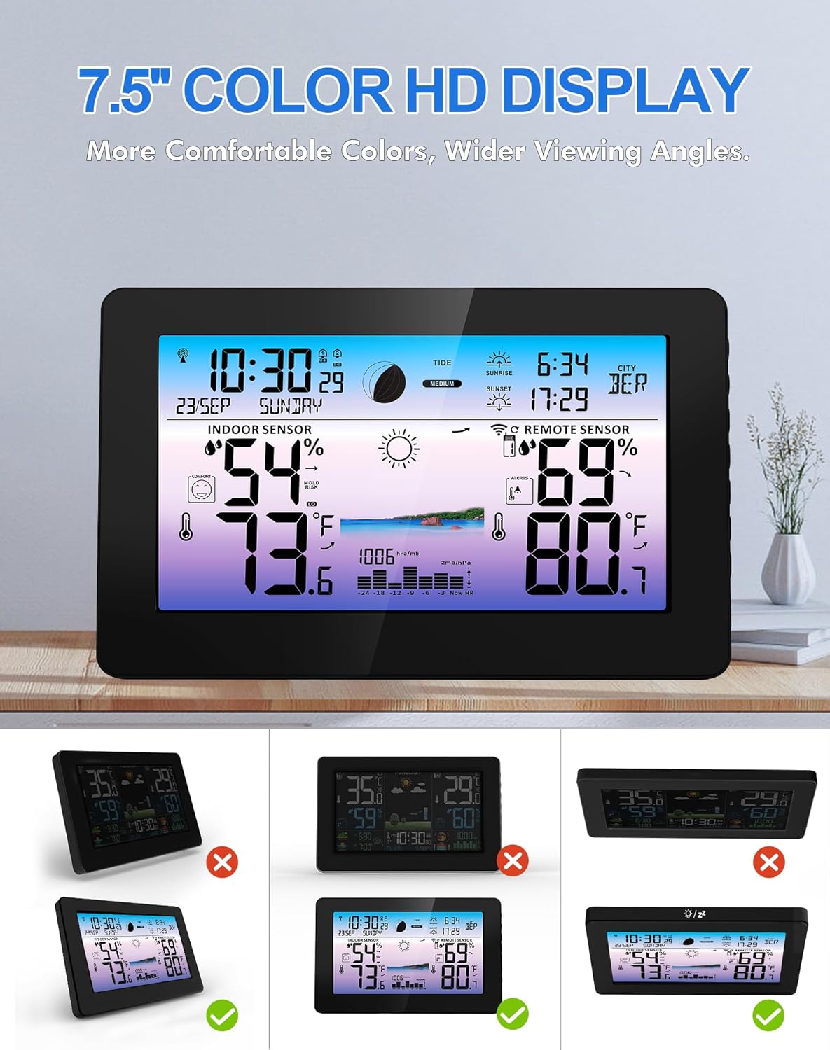 Weather Station Wireless Indoor Outdoor, Digital Thermometer for Home, Large Color HD Display with Remote Sensor, Weather Forecast, Atomic Clock, Moon Phase