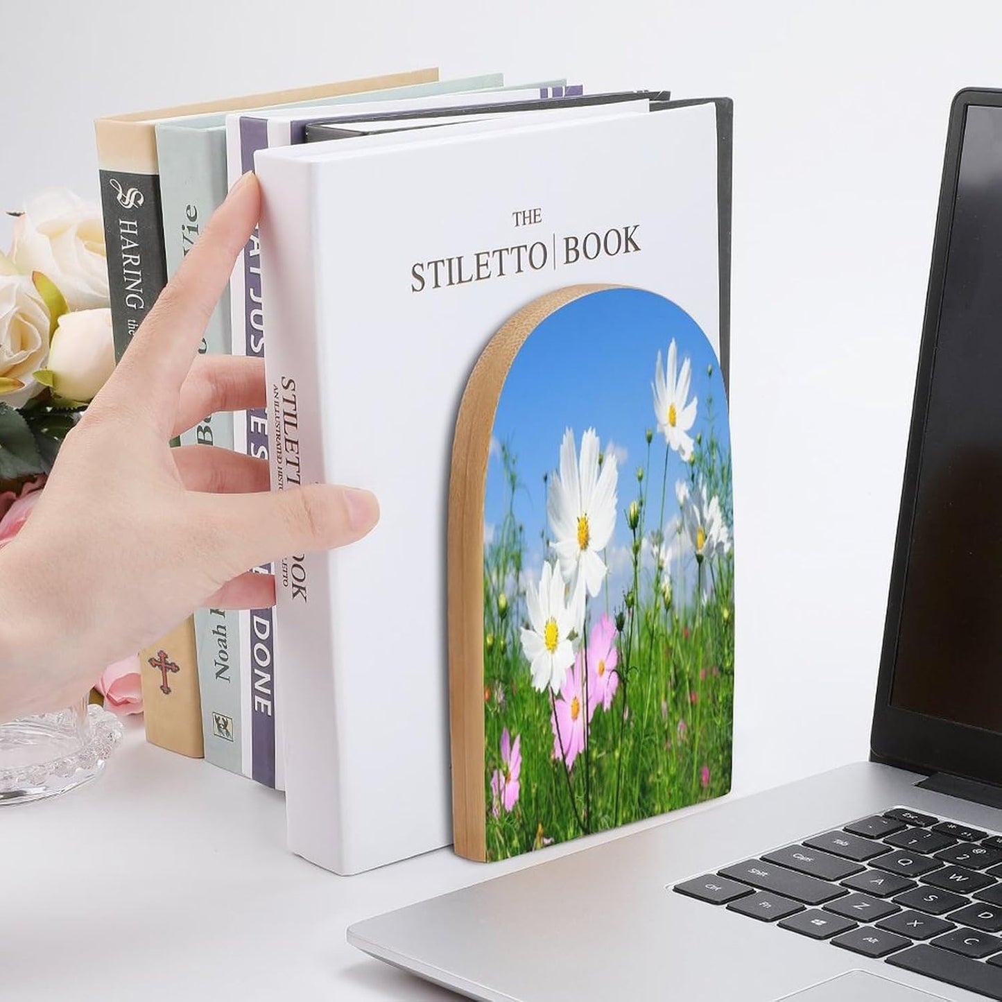Pink and White Flowers Wooden Bookend Non-Slip Book Ends Heavy Duty Book Stopper with Metal Base Books Holderd Decorative Bookends Stands Firmly for Office Supplies