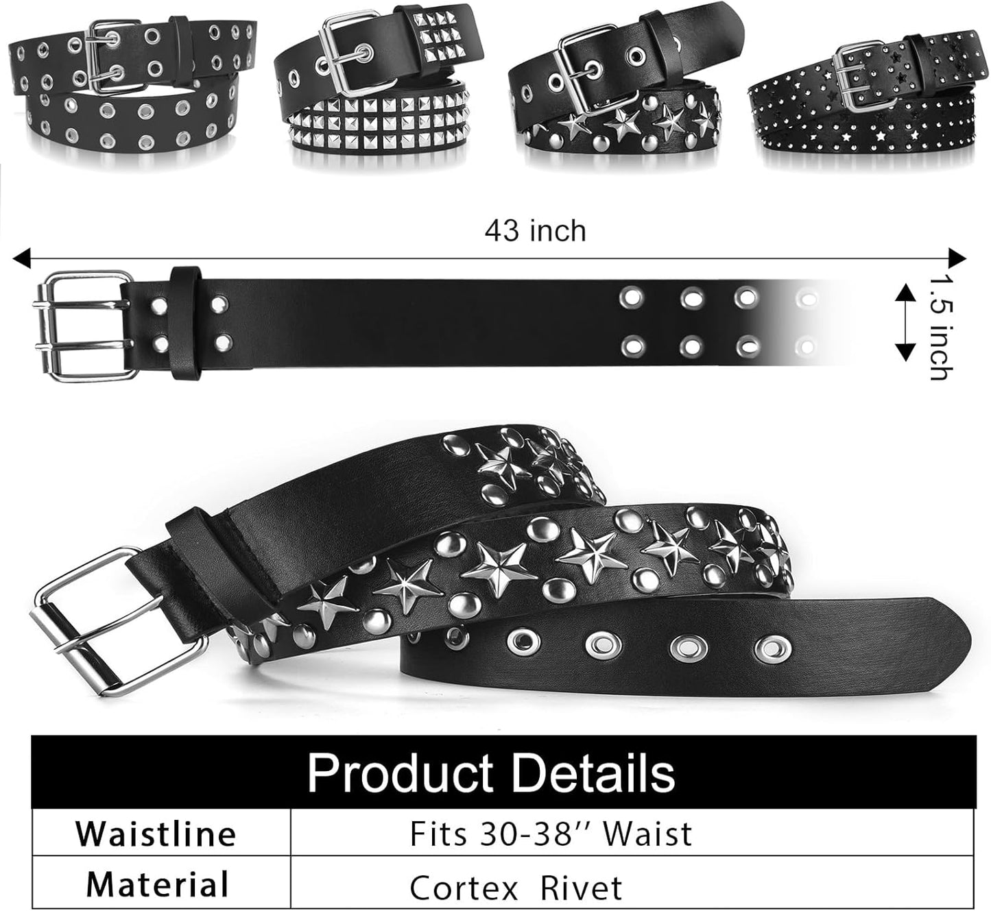 4 Piece Studded Rivet Double Grommet Belt Set - Faux Leather Gothic Goth Black - Punk Style Accessories for Men Women - Ideal Gift