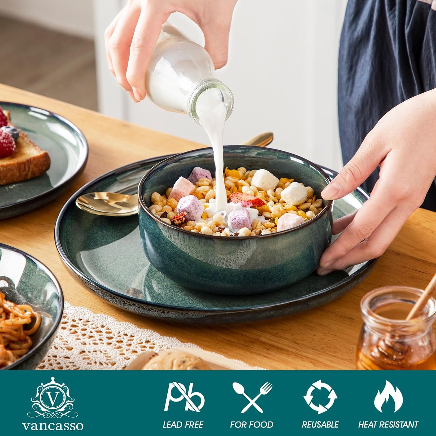 vancasso Starry Plates and Bowls Sets for 6, 24 Pieces Dinnerware Sets, Green Reactive Glaze Dishes Sets for Kitchen, Scratch Resistant Stoneware Dishes Set, Dishwasher and Microwave Safe