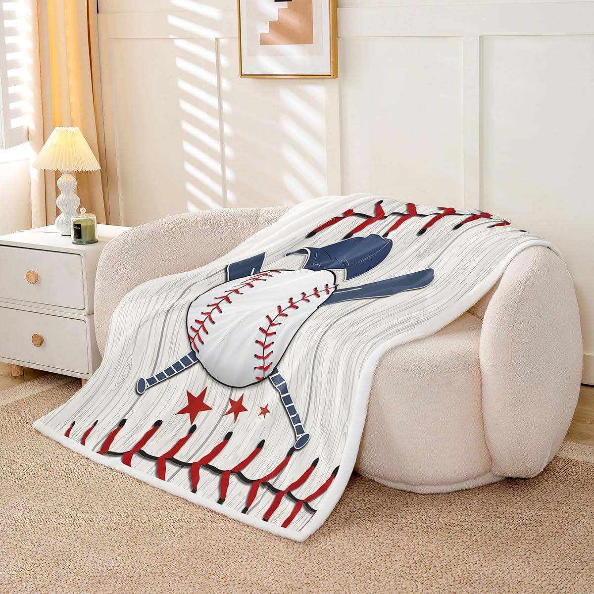 Baseball Print Bed Blanket Vintage Wood Throw Blanket Lightweight Soft Cozy Luxury White Red Navy Fleece Blanket Sports Flannel Blanket for Sofa Bedroom Office Travel All Season(Twin 60"x80")