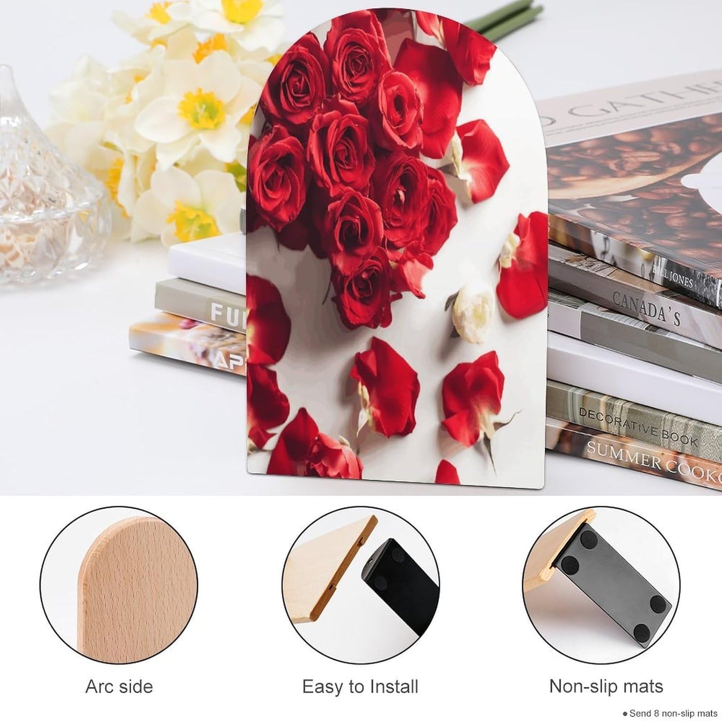 Flowers on Background Bookend for Shelves Wooden Book End Large Size Sturdy Book Holders Stoppers with Metal Base for Bookshelves Slick Decorative Bookends Stands