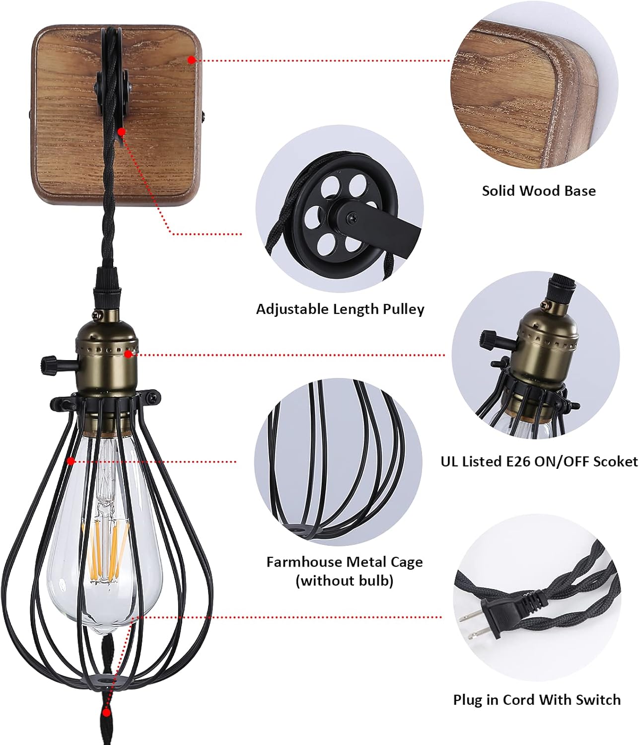 Industrial Wire Cage Plug in Wall Sconces, Black Rustic Hanging Wall Light Fixture Lift Pipe Pulley with Wood Base, On Off Toggle Switch Pendant Lamp Decoration for Reading Living Room Bedroom