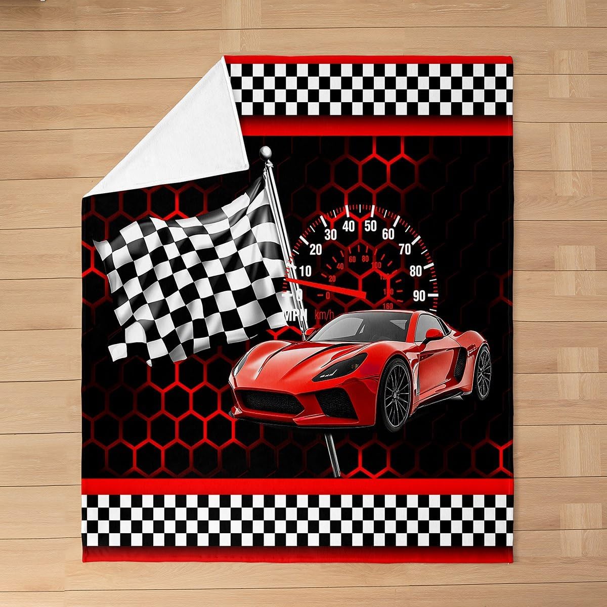 Red Race Car Throw Blanket,Neon Lights Honeycomb Racing Cars Bed Blanket for Girls Men,Black White Grid Flag Extreme Sports Fuzzy Blankets,40 x 50 Inches
