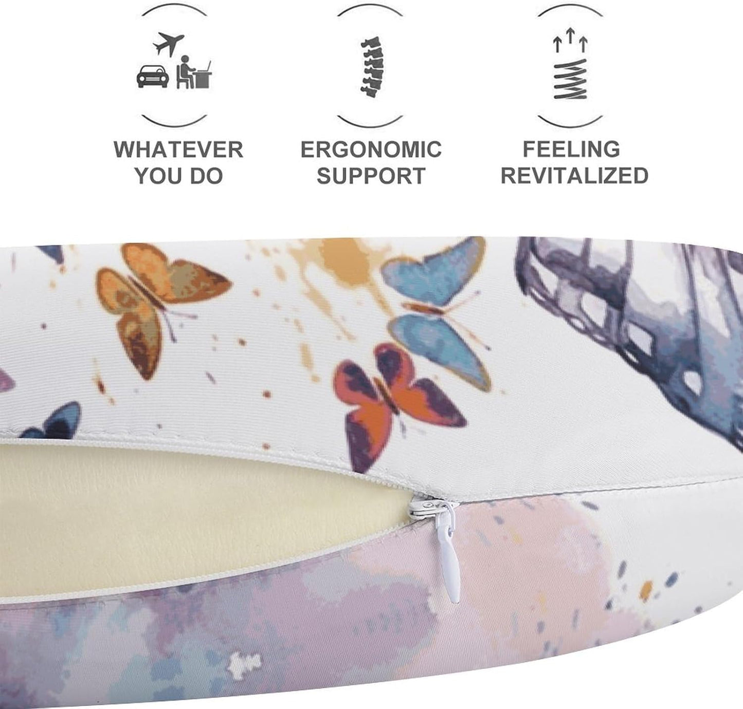 Watercolor Butterfly Neck Pillow Memory Foam U Shaped Pillows Portable Pillows for Shoulder Travel Head Support Pillow with Concealed Zipper for Airplane Car Home Office