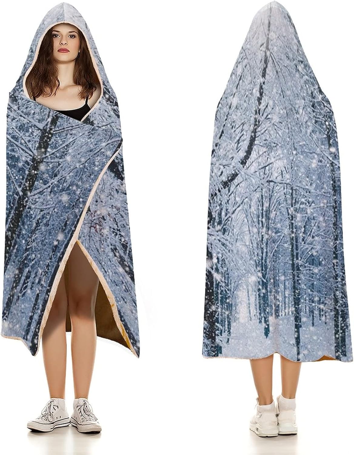 Throw Blankets, Winter Wearable Hooded Blanket for Adults, Snow Covered Forest Idyllic Early Morning, Soft Warm Cozy, 50 x 60inches, Studying Reading Snuggling Napping Office, Black White Slate Blue