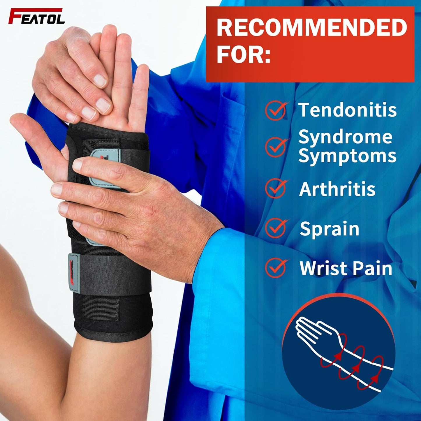 FEATOL 2 Pack Blue Black Wrist Brace for Carpal Tunnel - Pain Relief for Sprain, Arthritis, Tendonitis, Injuries, Wrist Pain, Cockup Wrist - Wrist Brace Night Support Both Hand with Removeable Splint - For Men & Women Small/Medium Size