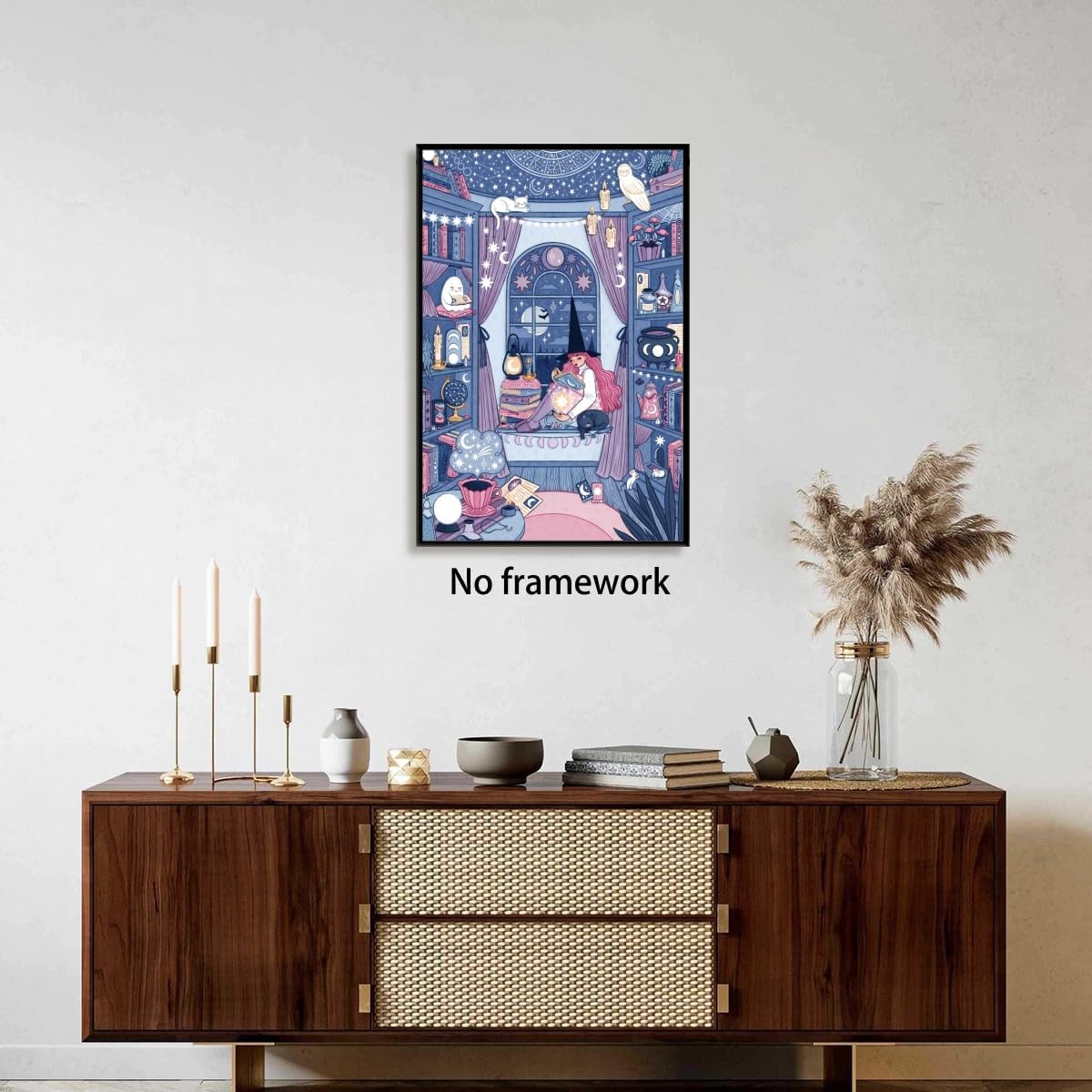 Funny Celestial Witch Room Canvas Print Halloween Wall Art Witchy Illustration Poster Magical Room Decor Astronomy Artwork Starry Sky Art Cozy Reading Nook For Bedroom 16x24inch Unframed