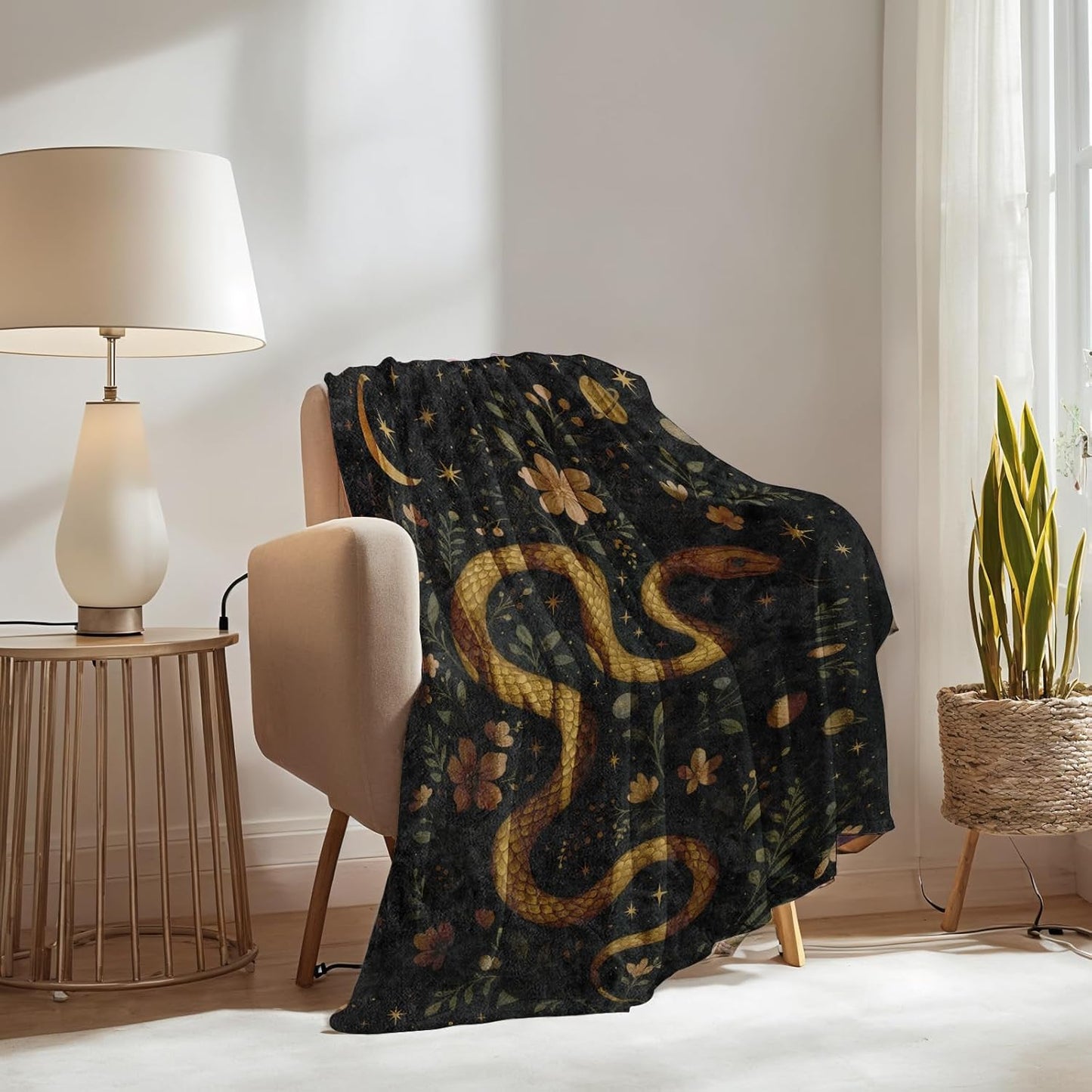 Mystical Snake Blanket Gifts for Boys Girls Kids, Golden Serpent with Moon and Floral Warm Soft Flannel Throw Blankets for Travel, Sofa, Room, Bedroom Birthday Christmas Spring Decor, 50x60 in