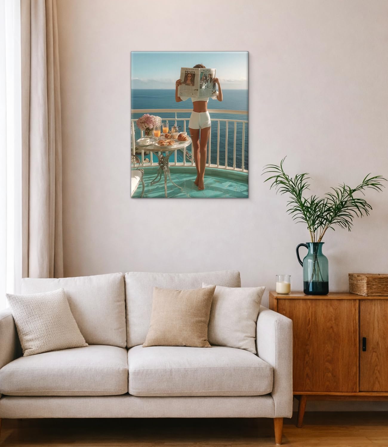Trendy Woman Cruise Vacation Wall Art Print - Fashion Woman Reading Newspaper Canvas Poster Painting - Girly Wall Decor for Home Apartment Dorm 8x10 Inch Framed