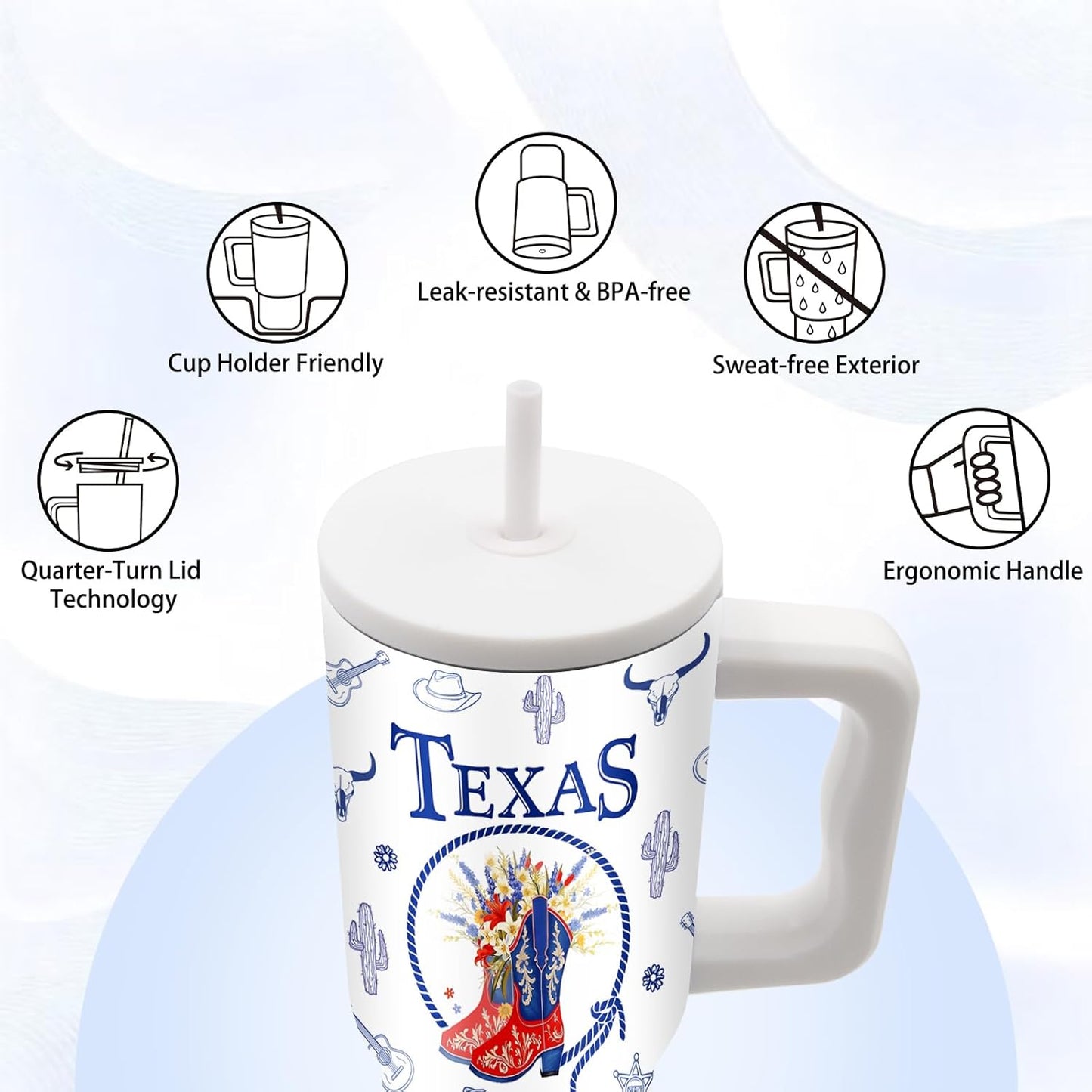 Texas Themed Gifts - 24 oz Texas Tumbler with Handle and Straw, Insulated Stainless Steel Cup, Leakproof, Stylish Cowboy Texases Design Travel Mug for Women, Fits Car Cup Holders, Keeps Drinks Cold