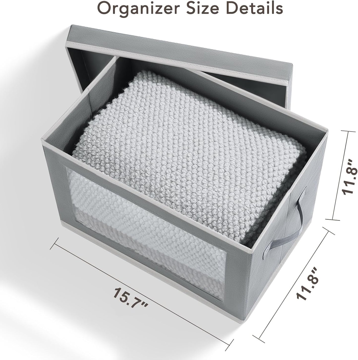 Large Storage Baskets Bins with Lids - Stackable Cube Bins for Closet, 3 Pack Grey Windows Organizer Bins, Home Organizers and Storage for Clothes, CD, Towels