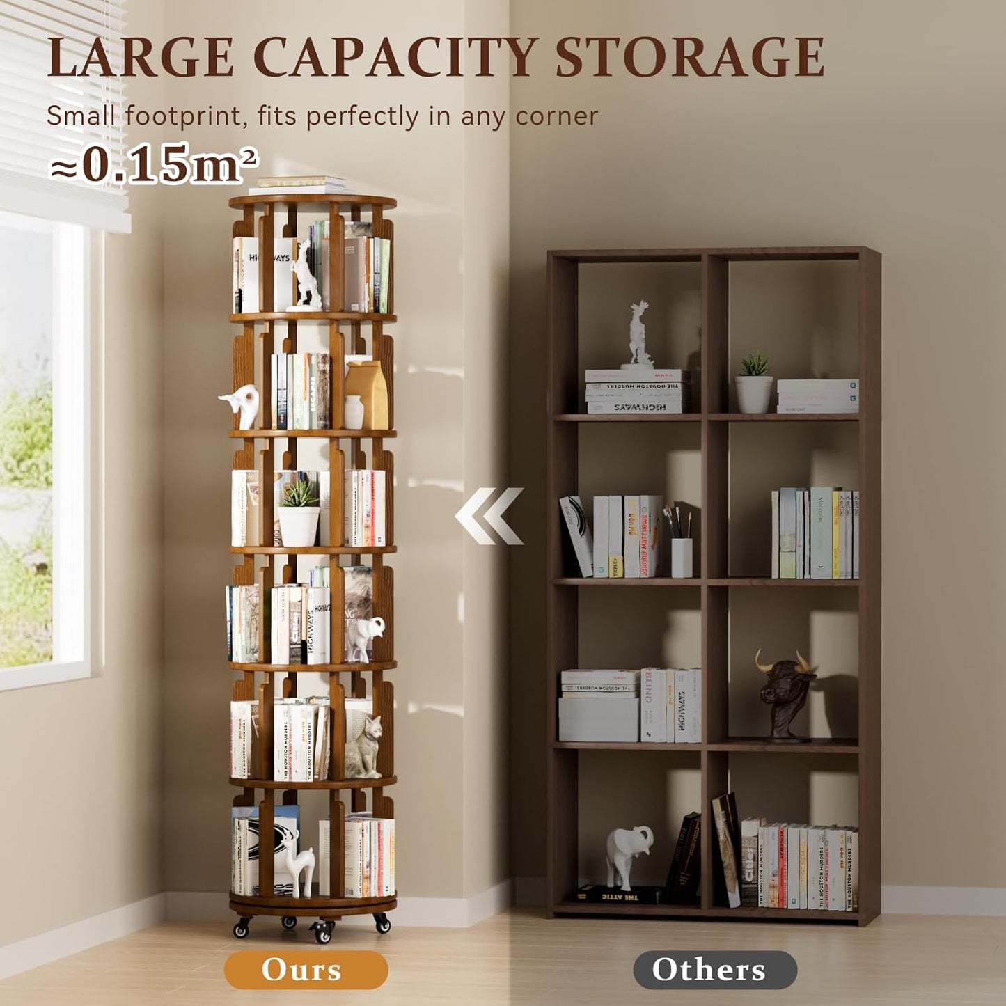 6 Tier Rotating Bookshelf Tower, 360° Spinning Bookcase with Wheels, Solid Wood Round Revolving Shelf for Living Room, Office, Small Spaces, Ergonomic Design for Kids & Adults
