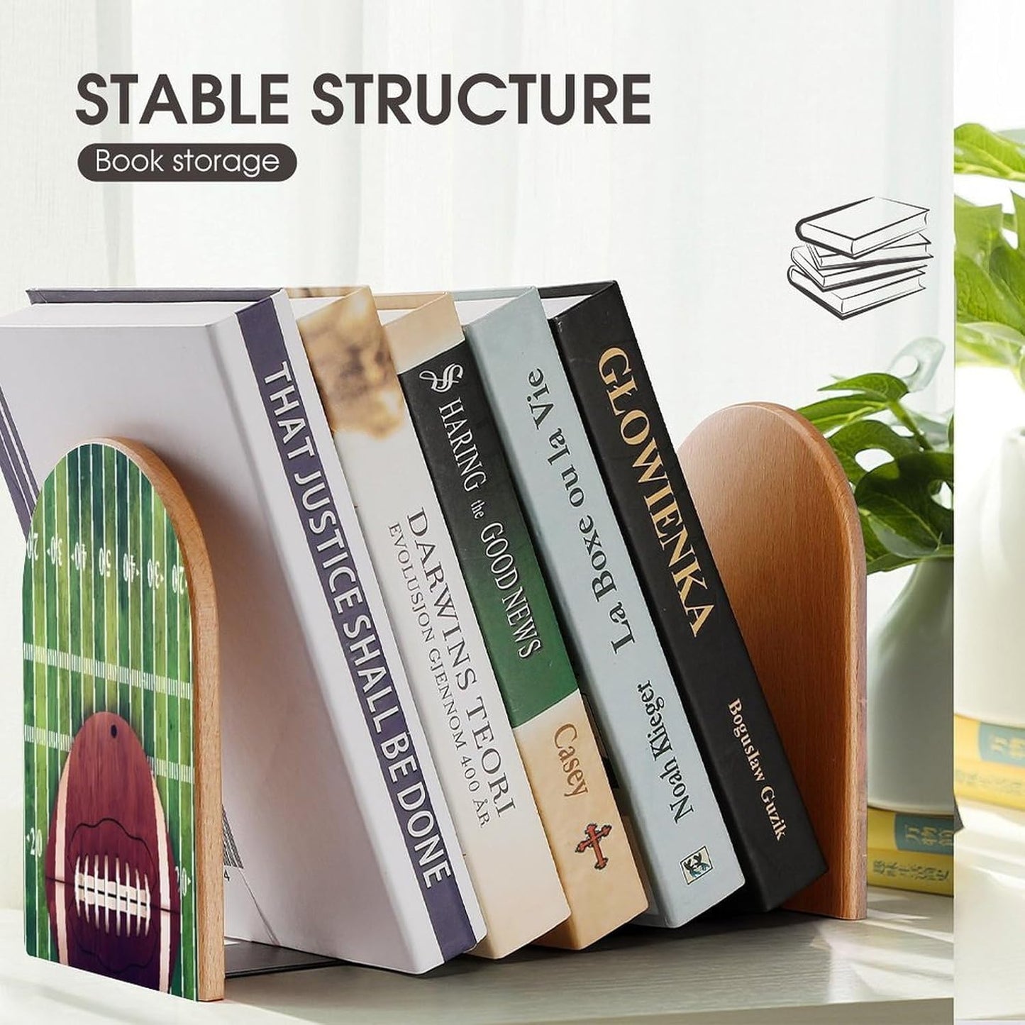 American Football Field and Ball Wooden Bookend Non-Slip Book Ends Heavy Duty Book Stopper with Metal Base Books Holderd Decorative Bookends Stands Firmly for Office Supplies