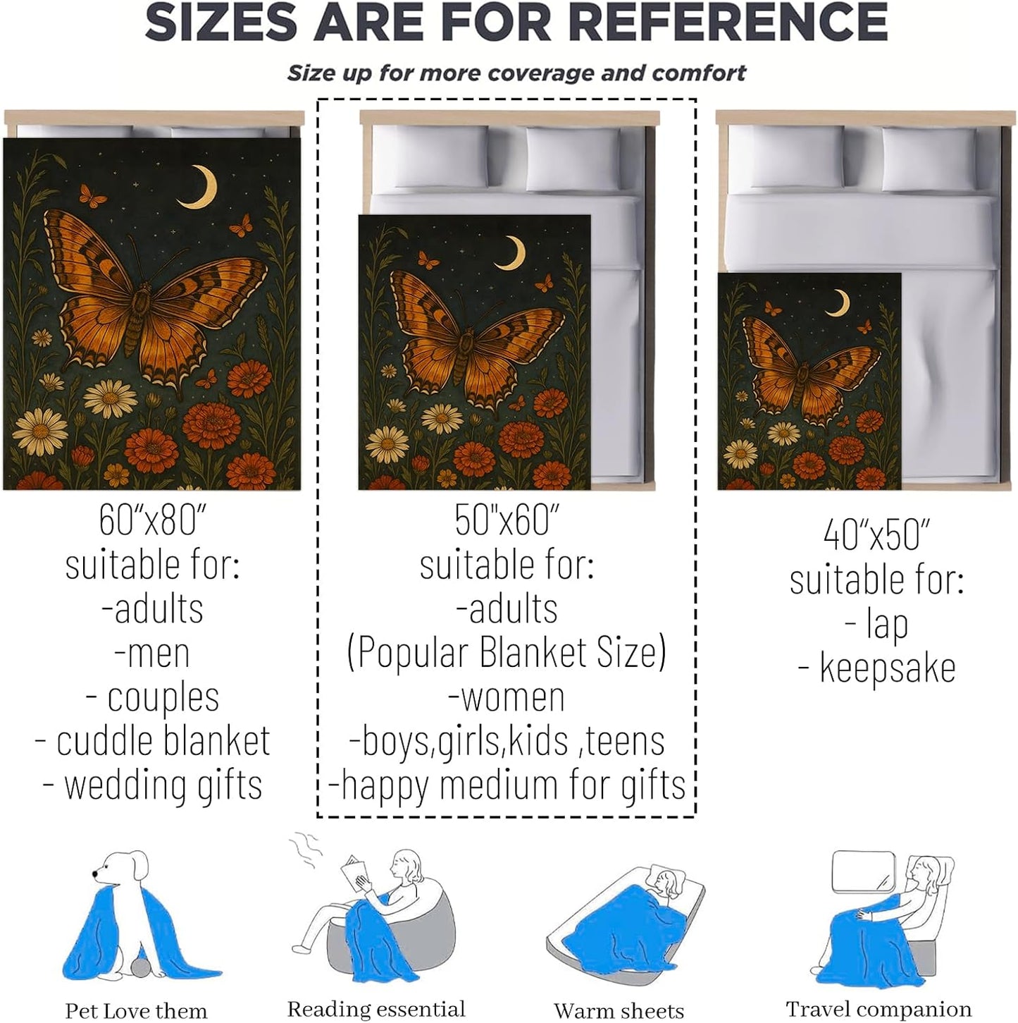 Butterfly Gifts, Orange Butterfly and Moon Theme Flannel Blanket for Women, Gothic Birthday Throw Blankets for Kids, Girls, Travel Camping Sofa Living Room Decor 50x60 in