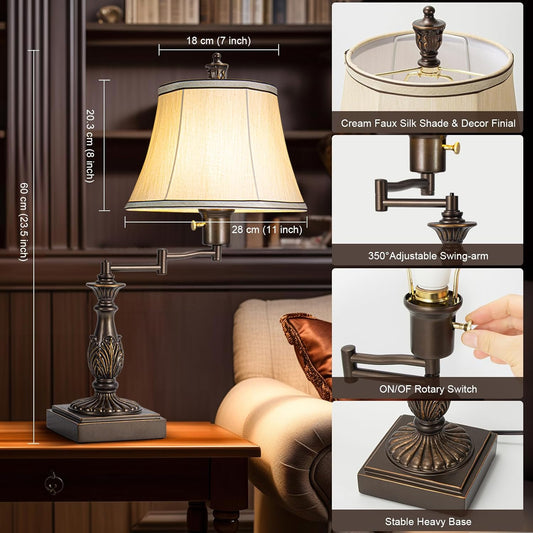 Scenekoy 23.5" High Rustic Traditional 350° Adjustable Swing Arm Table Lamp Set of 2 with USB A+C Ports Brown Finish Cream Shade Vintage Nightstand lamp for Living Room Bedroom Office (Bulb Included)