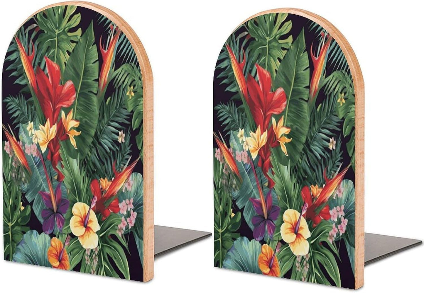 Tropical Plant Flowers Bookends 1 Pair Heavy Duty Book Ends for Shelves Non-Skid Bookend Supports Wooden Book Holders with Metal Base Desk Organizers Books Storage to Hold Books