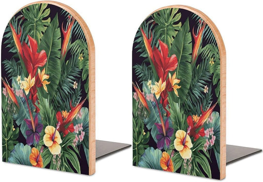 Tropical Plant Flowers Bookends 1 Pair Heavy Duty Book Ends for Shelves Non-Skid Bookend Supports Wooden Book Holders with Metal Base Desk Organizers Books Storage to Hold Books