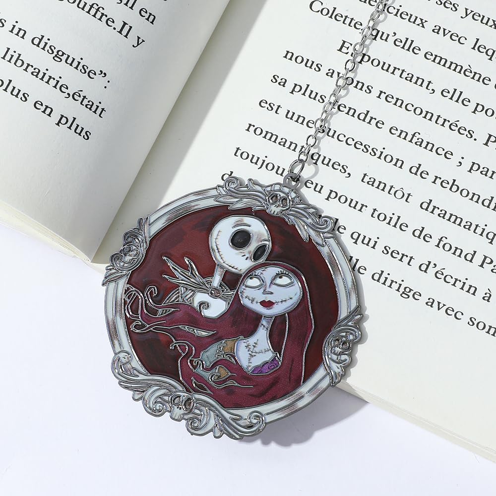 Gothic Christmas Metal Bookmark - Jack & Sally Couple & Silver Chain CharmVintage Engraved Book Accessory for Dark Holiday Lovers, Timeless Macabre Jewelry Gift (Red & Black)