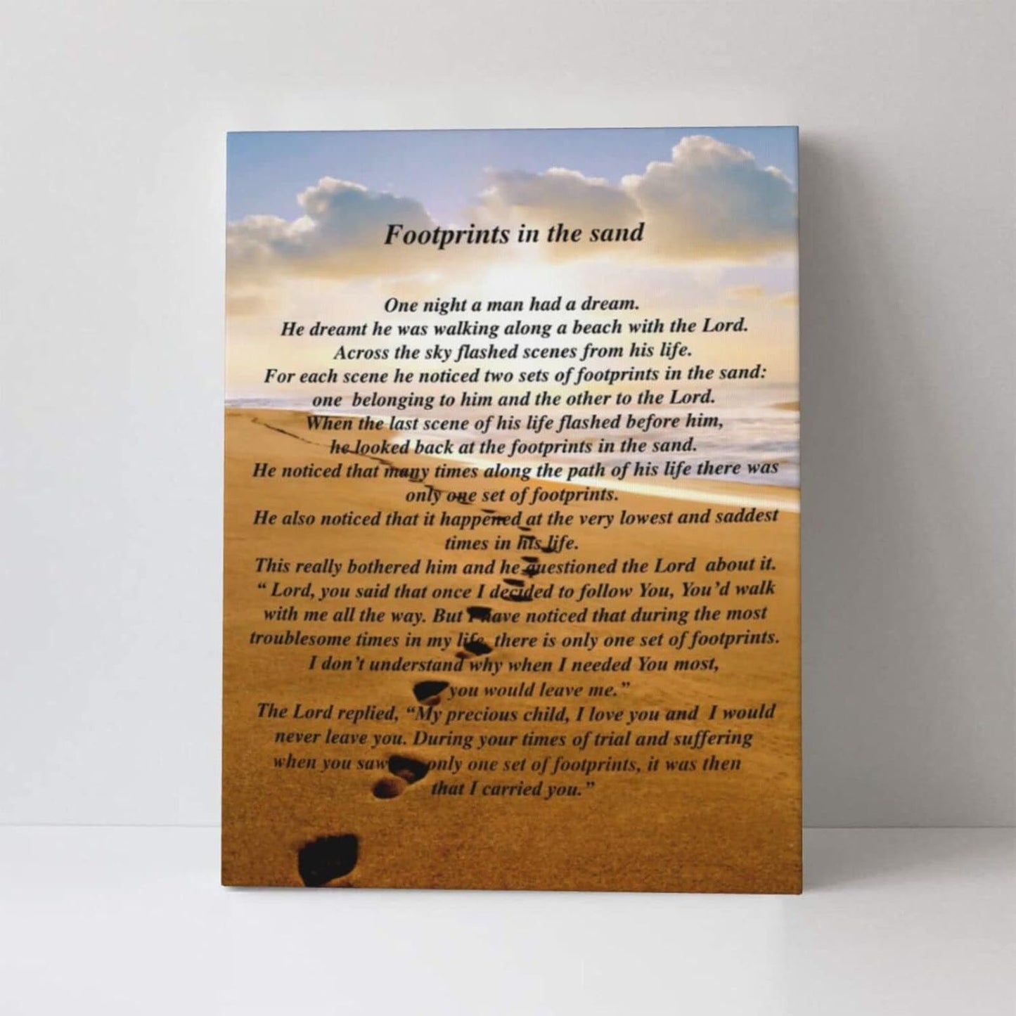 Footprints In The Sand Painting Poem Poster Classic Framed Canvas Wall Art For Home Bedroom Office Living Room Decor 12x16 Inches.