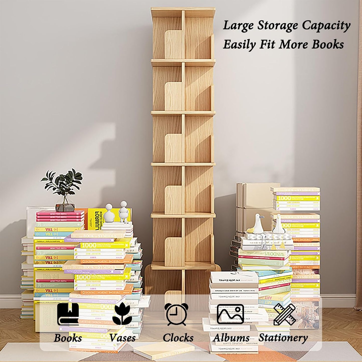 6 Tier Solid Wood Rotating Bookshelf 360 Display Rotating Bookcase Spinning Bookcase For Space Saving Corner Bookshelf For Small Space Floor Standing Bookcase Storage Rack For Bedroom Living Room