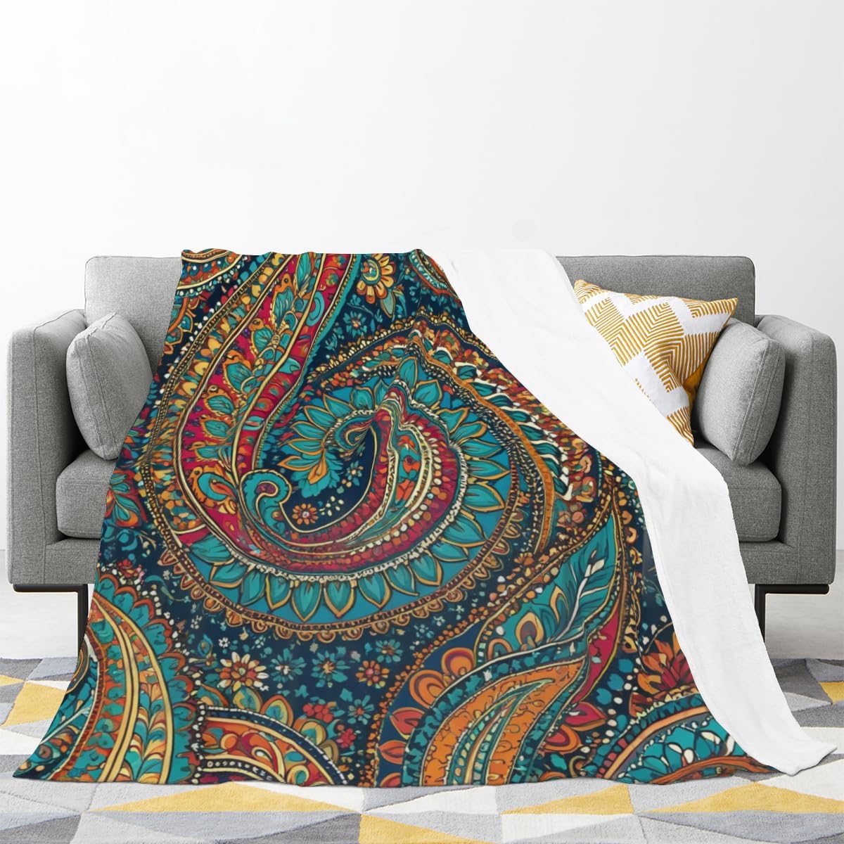 Decorative Throw Blanket for Couch Sofa Bed 50x60 – Soft Flannel Blanket Bedroom Living Room Colorful Aesthetic Paisley Pattern Print Floral Paisly Design