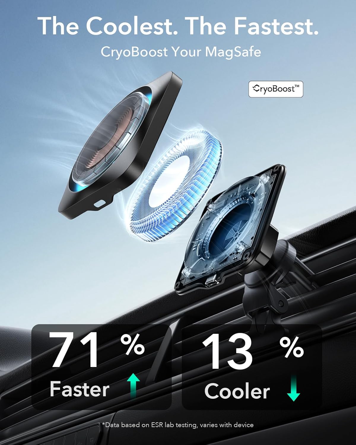 ESR for 15W MagSafe Car Mount Charger with CryoBoost, Phone Cooling MagSafe Car Charger, Air Vent/Dashboard Wireless Charging for iPhone 17e/17/16/15/14/13/12, S26/S25 Series, Pixel 10, Fast Charger