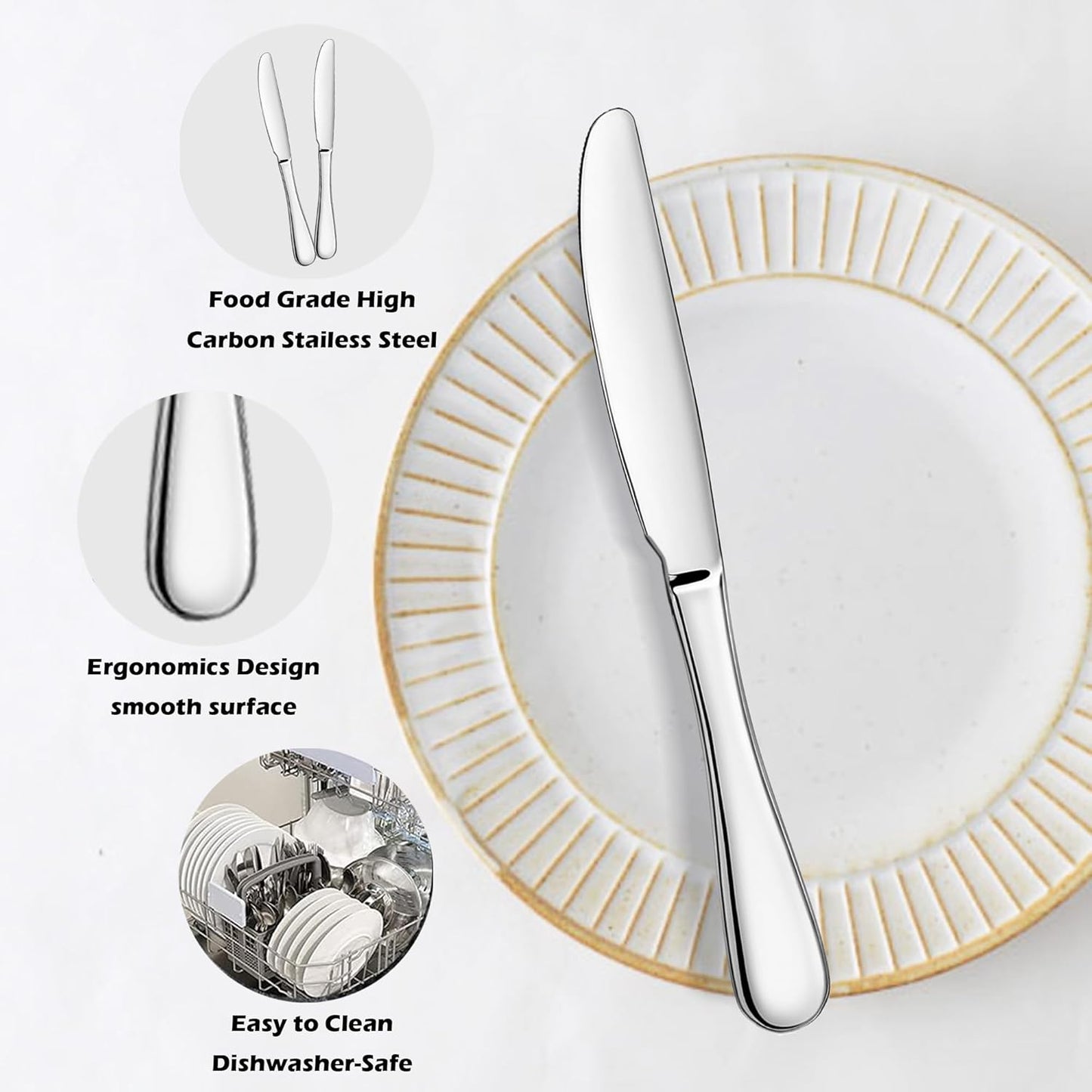 ATB Dinner Knives Set, Stainless Steel Table Knife, Butter Spreder, 2/4/6 Pieces Mirror Polished Dinner Knife, Sturdy and Dishwasher Safe, Silverware Cutlery (6 Pcs)