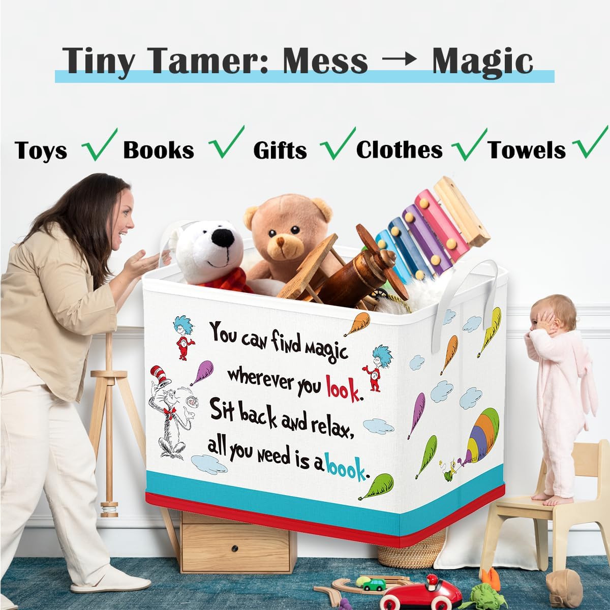 Runtoo Read Book Storage Bins Dr Inspirational Quotes Book Basket Toys Box Organizer for Kids Nursery Classroom Baby Book Shelf