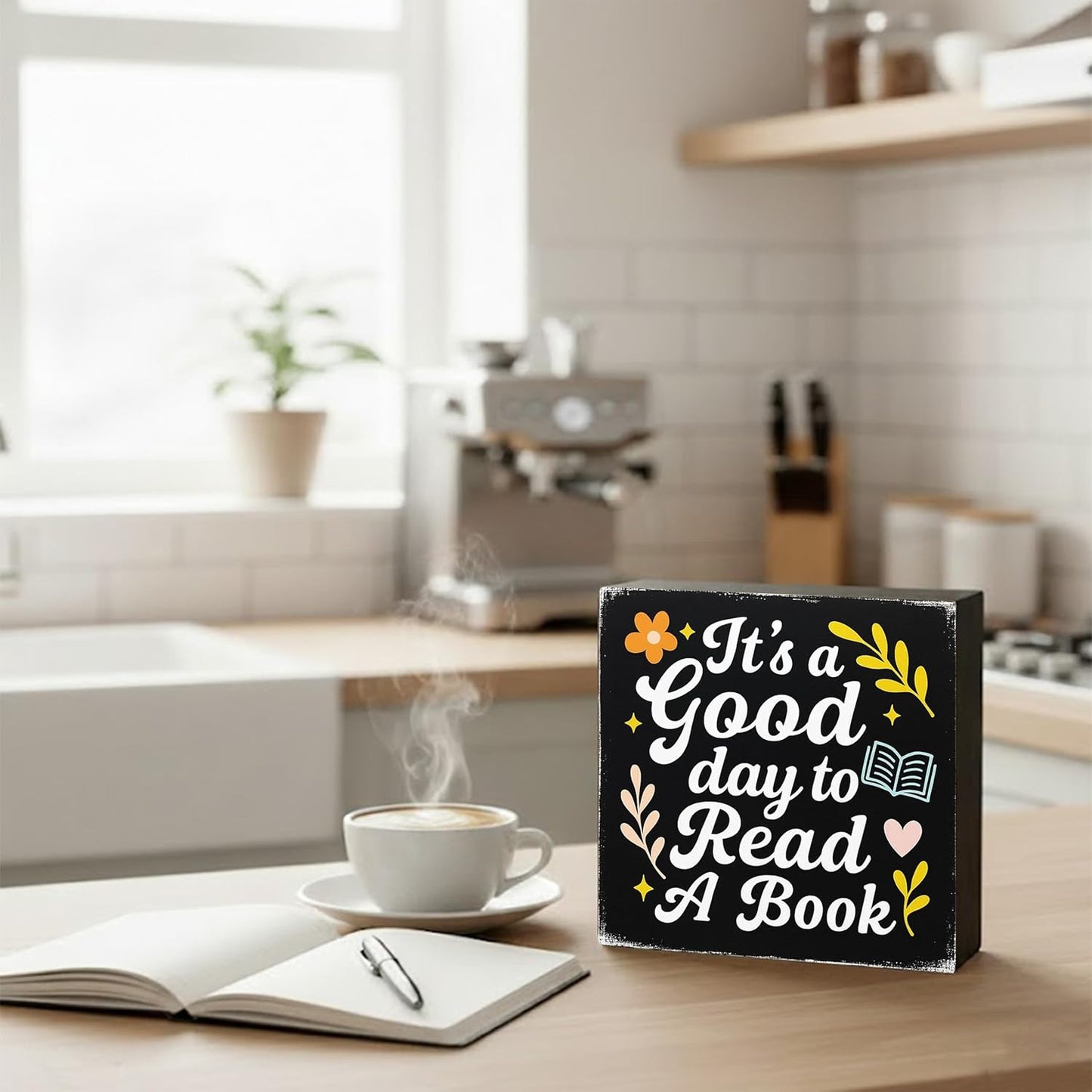 It's A Good Day to Read A Book Wood Box Sign, Floral Trendy Reading Wall Decor Gifts for Women Kids Book Lovers School Library Reading Nook Corner Home Dorm, 5x5 Inch(Black)