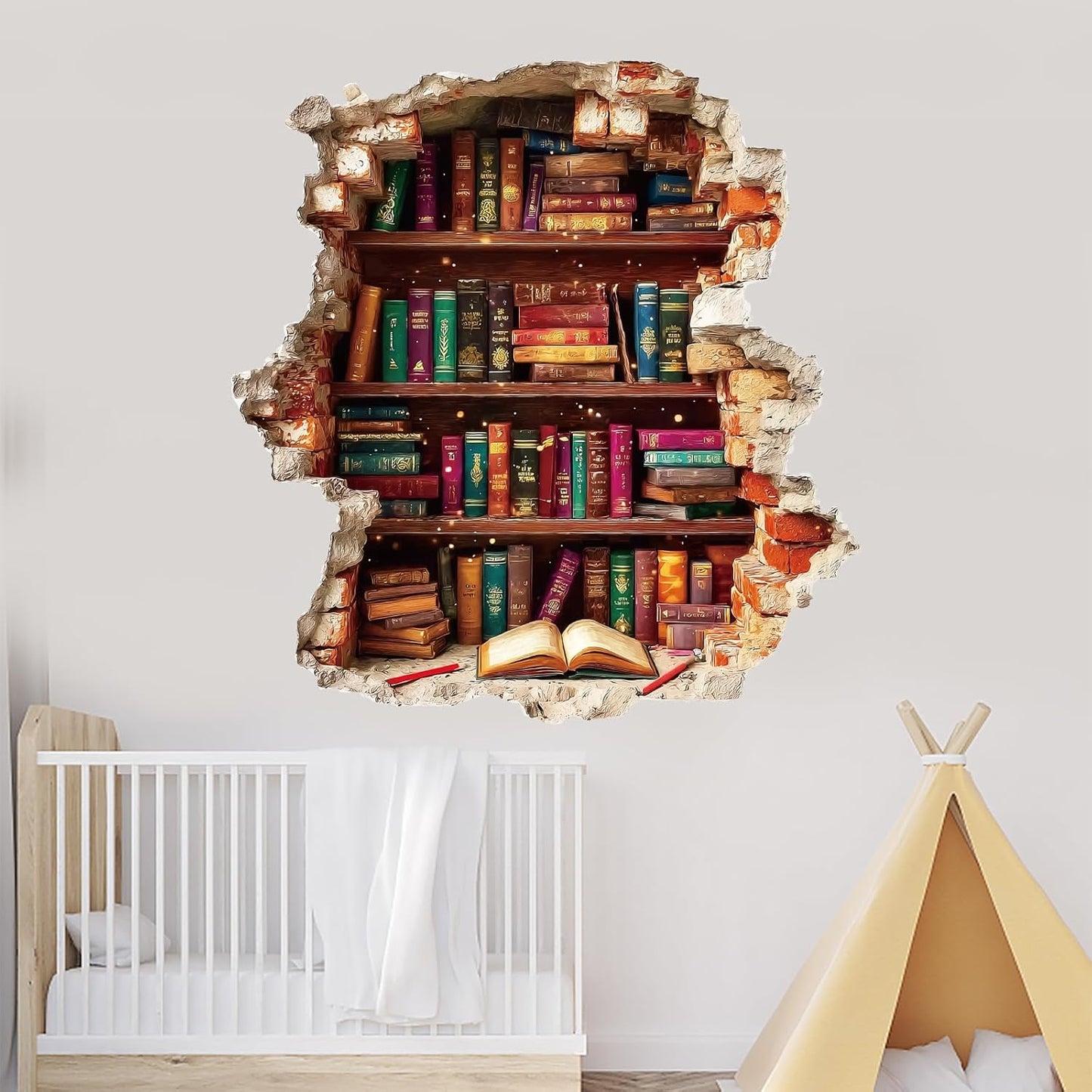 PLIGREAT Vintage Book Break Through Wall Decals, 3D Broken Wall Stickers Removable Vinly Bookshelf Mural Stickers for Reading Room Bedroom Living Room Home DIY Decor, 2 Sheets