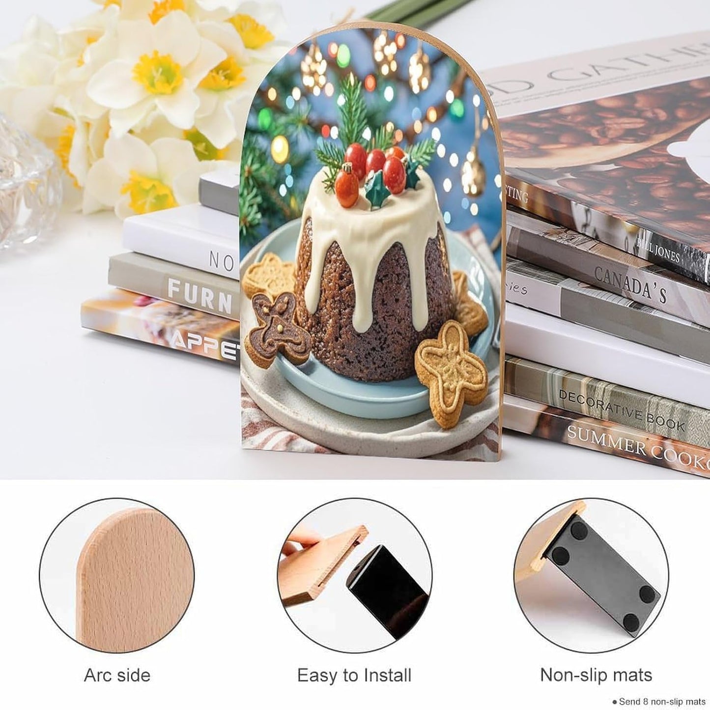 Christmas Pudding Bookends 1 Pair Heavy Duty Book Ends for Shelves Non-Skid Bookend Supports Wooden Book Holders with Metal Base Desk Organizers Books Storage to Hold Books