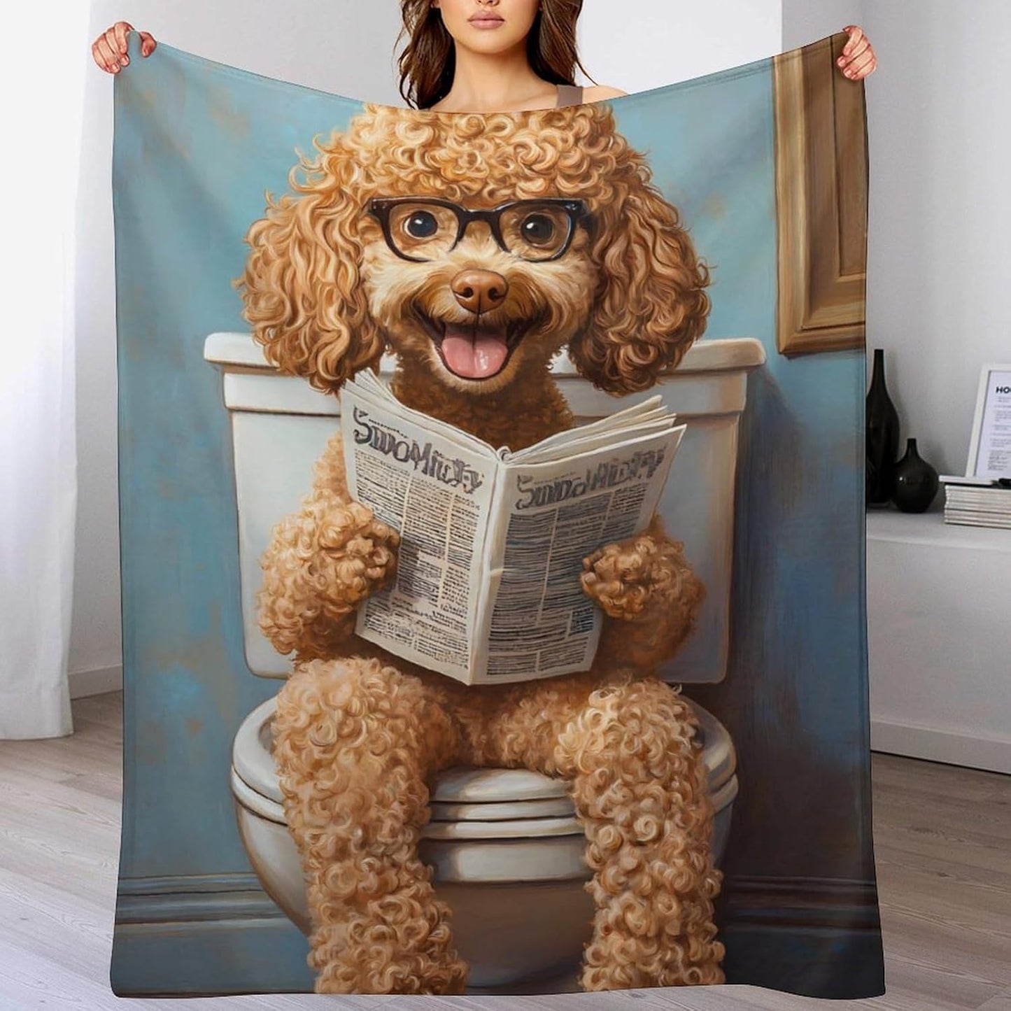 Goldendoodle on Toilet Reading Newspaper Soft Throw Blanket Flannel Warm Cozy Plush Blankets for Couch Sofa Bedroom Travel